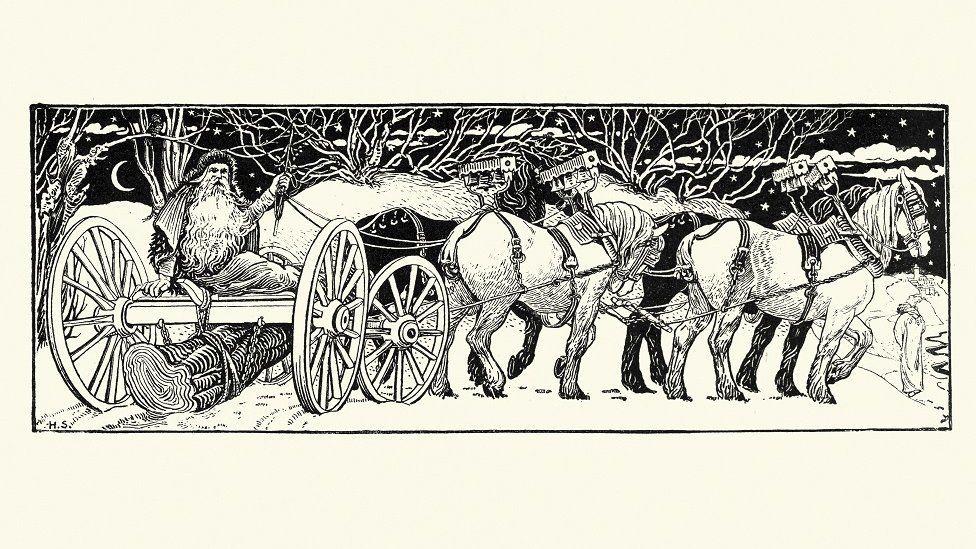 Vintage engraving (1800s) of father christmas and the yule log.